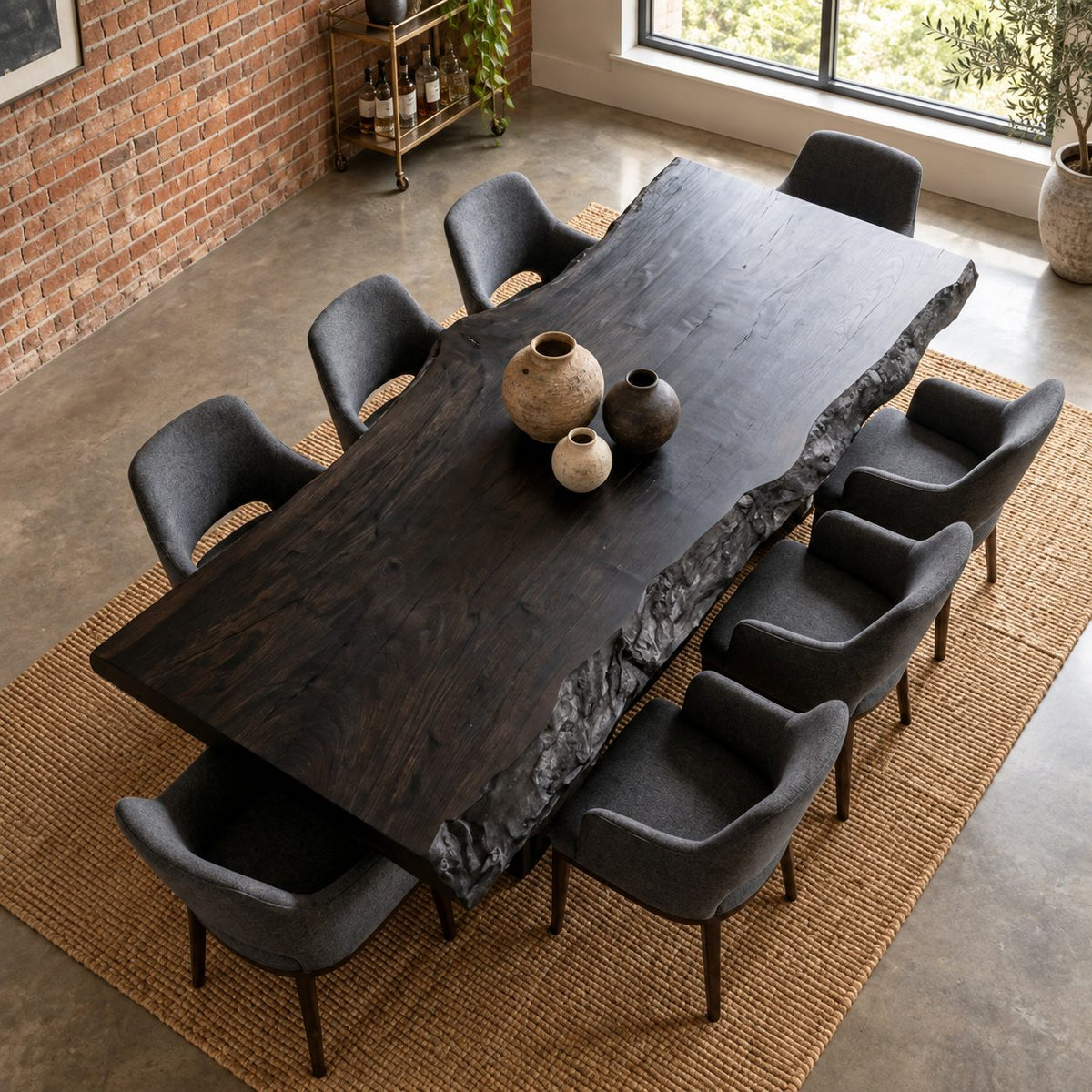 Rough Edge Plank Base Dining Table, Thick Live Edge Solid Wood Slab on a Board Pedestal, Seats 4 to 12