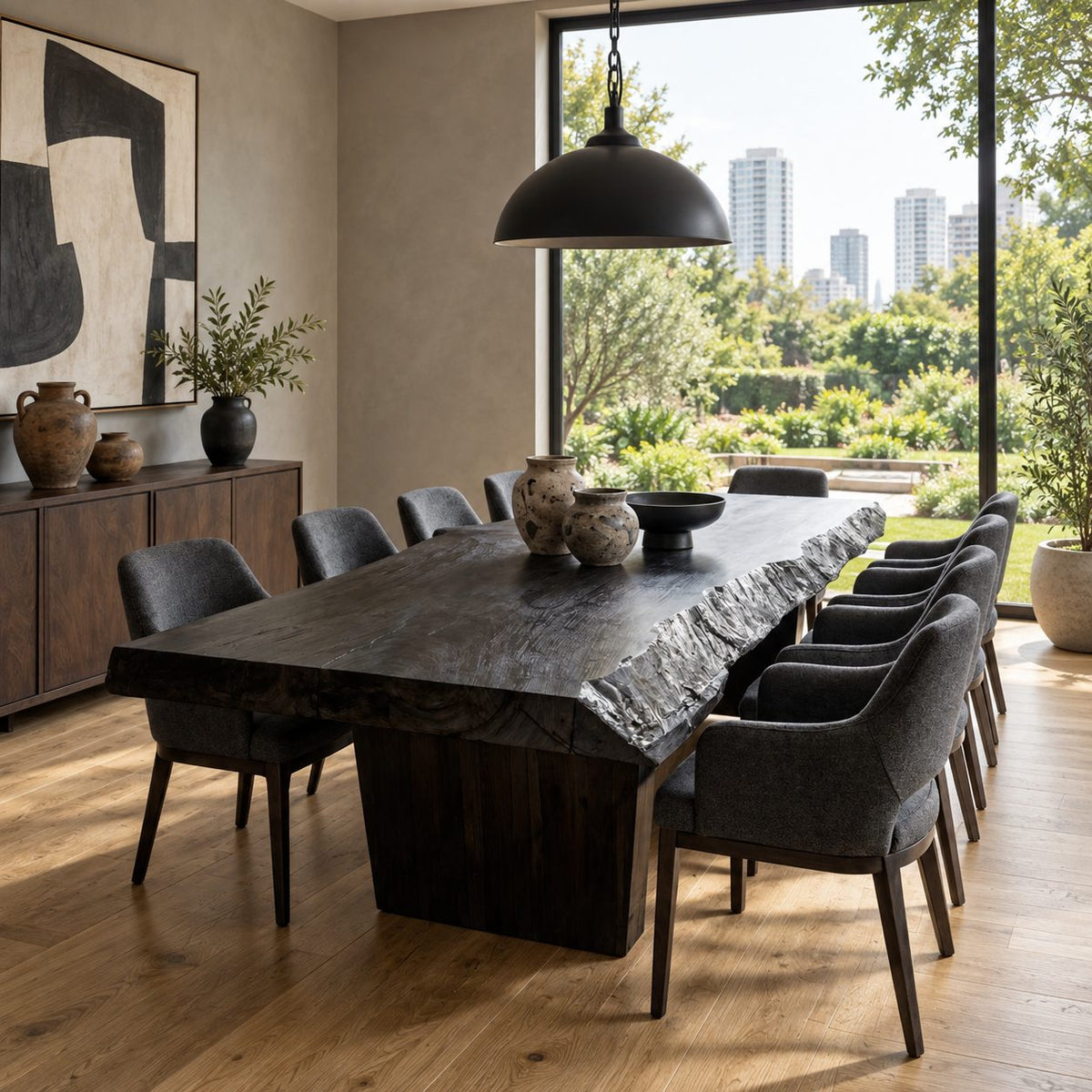 Rough Edge Plank Base Dining Table, Thick Live Edge Solid Wood Slab on a Board Pedestal, Seats 4 to 12