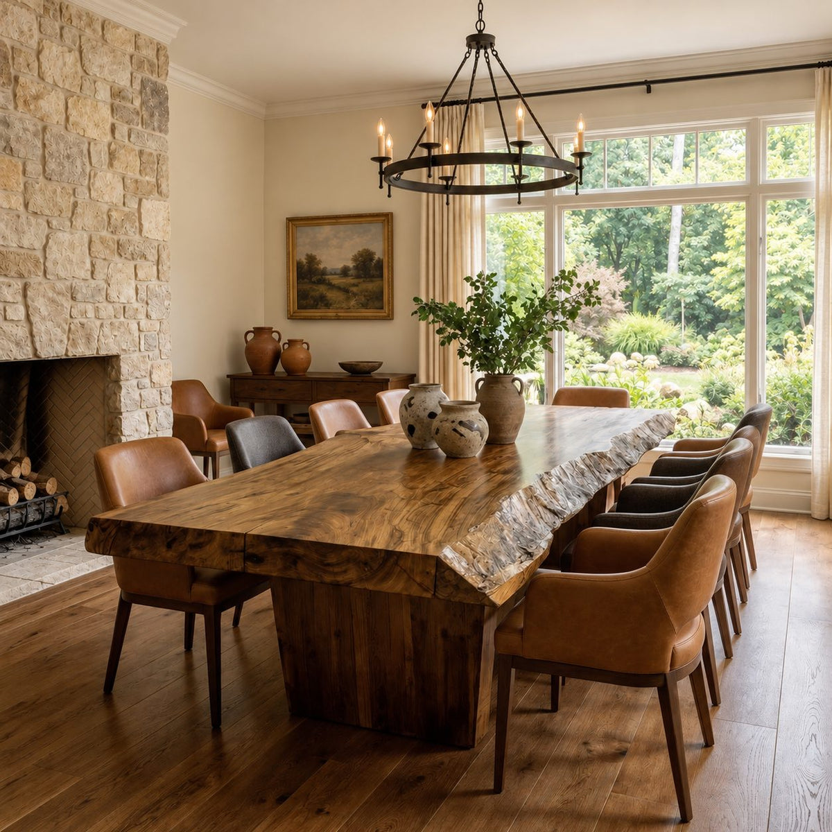 Rough Edge Plank Base Dining Table, Thick Live Edge Solid Wood Slab on a Board Pedestal, Seats 4 to 12