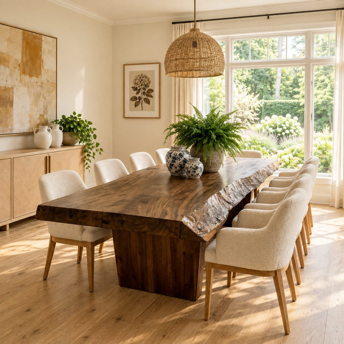 Rough Edge Plank Base Dining Table, Thick Live Edge Solid Wood Slab on a Board Pedestal, Seats 4 to 12