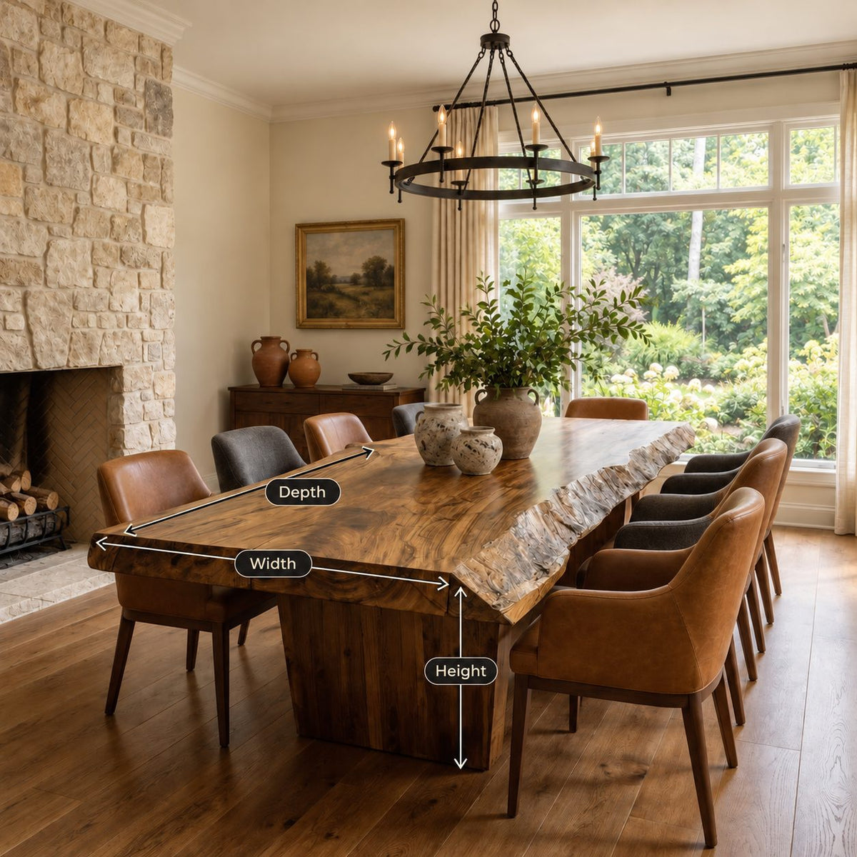 Rough Edge Plank Base Dining Table, Thick Live Edge Solid Wood Slab on a Board Pedestal, Seats 4 to 12