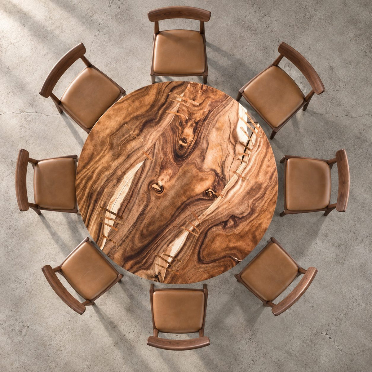 Butterfly Key Round Dining Table, Solid Wood Slab Top on a Crossed Plank Pedestal, 35 to 47 Inch