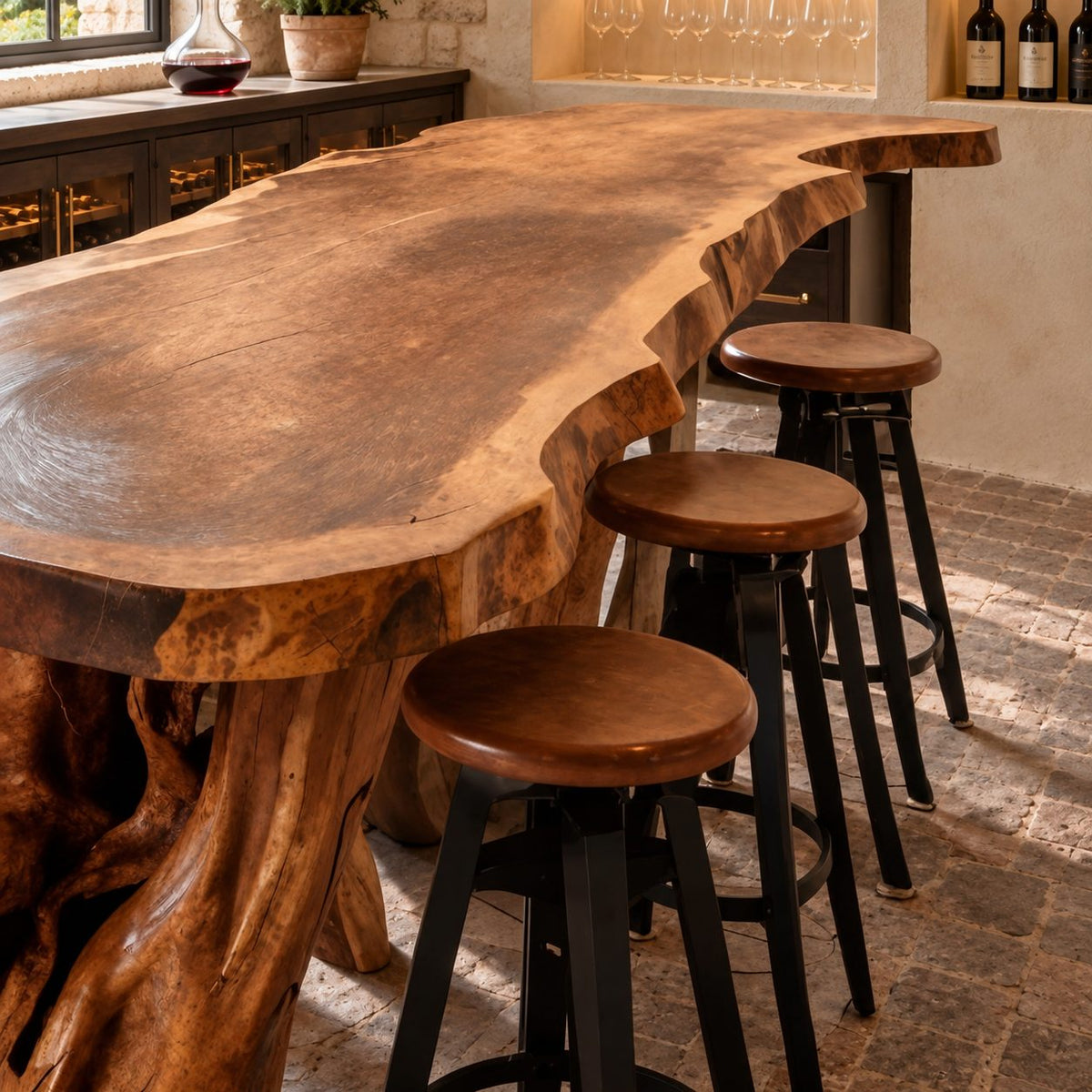 Live Edge Bar Height Table, Thick Solid Wood Slab on a Natural Tree Root Base, 39 to 79 Inch