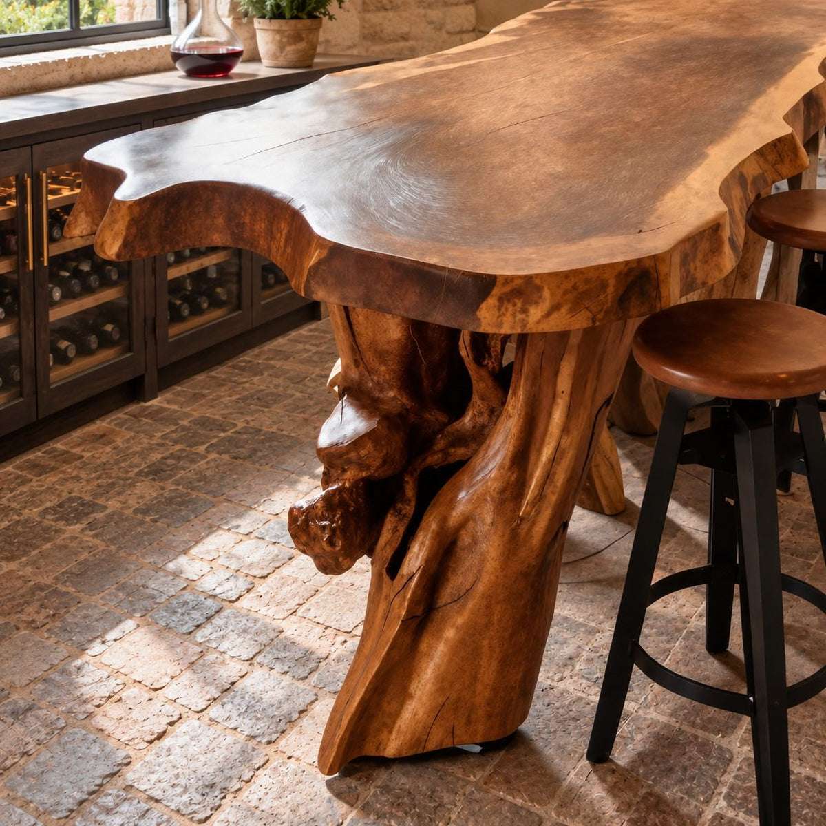 Live Edge Bar Height Table, Thick Solid Wood Slab on a Natural Tree Root Base, 39 to 79 Inch