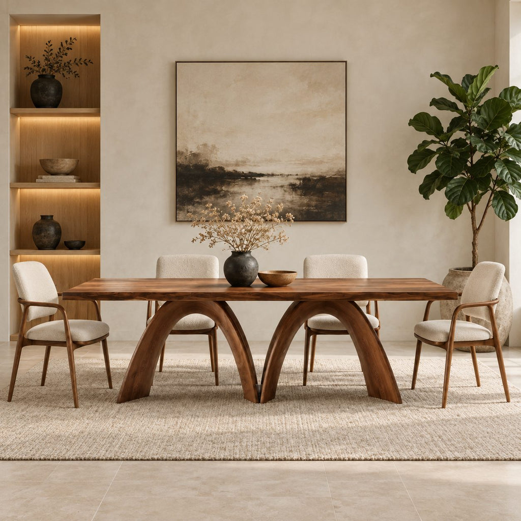 Bridge Arch Dining Table, Modern Solid Wood Rectangular Top on Two Sculpted Arch Legs, 63 to 108 Inch