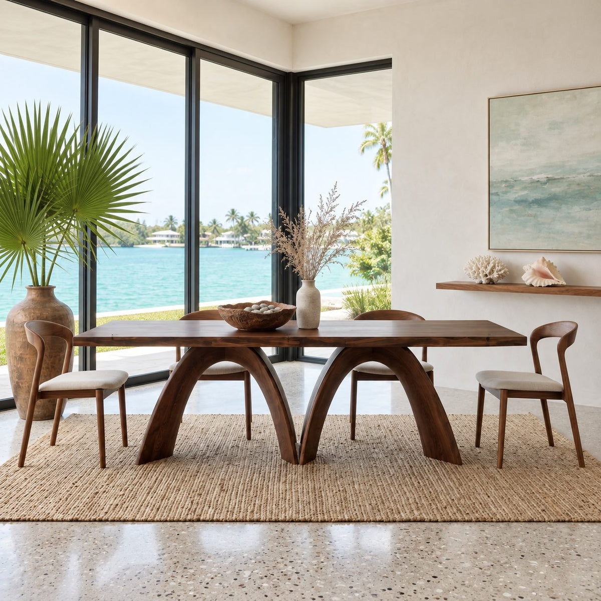 Bridge Arch Dining Table, Modern Solid Wood Rectangular Top on Two Sculpted Arch Legs, 63 to 108 Inch