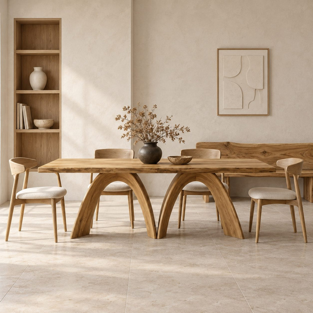Bridge Arch Dining Table, Modern Solid Wood Rectangular Top on Two Sculpted Arch Legs, 63 to 108 Inch