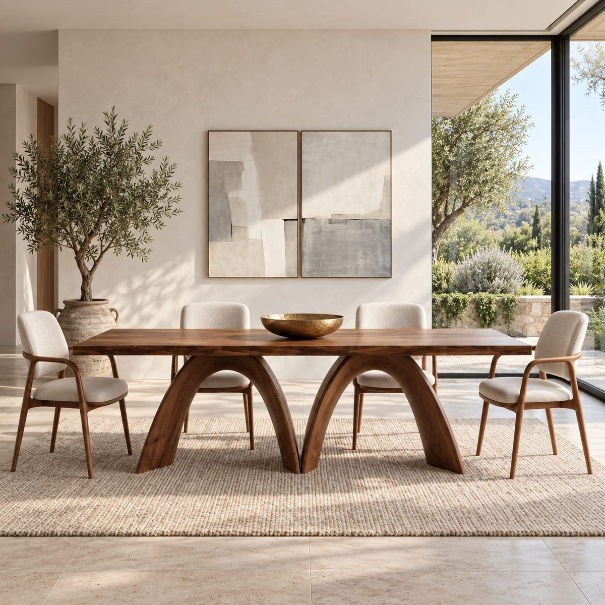 Bridge Arch Dining Table, Modern Solid Wood Rectangular Top on Two Sculpted Arch Legs, 63 to 108 Inch