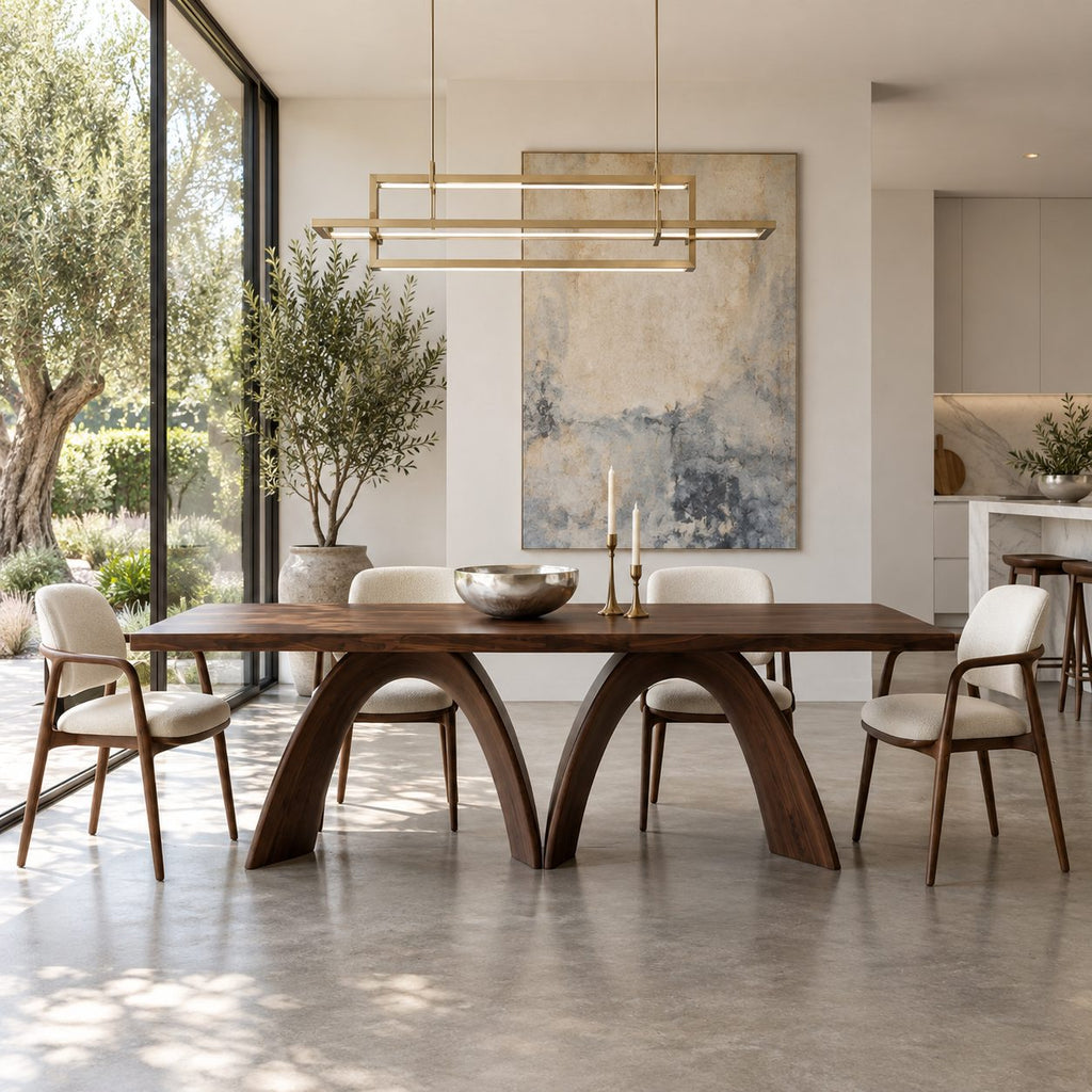 Bridge Arch Dining Table, Modern Solid Wood Rectangular Top on Two Sculpted Arch Legs, 63 to 108 Inch