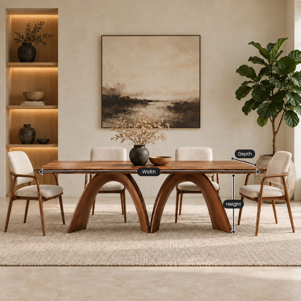 Bridge Arch Dining Table, Modern Solid Wood Rectangular Top on Two Sculpted Arch Legs, 63 to 108 Inch