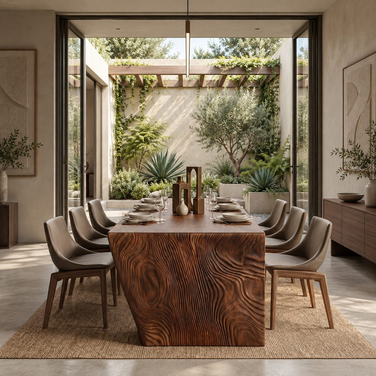 Waterfall Carved Dining Table, Solid Wood Top Flowing into Rippled Relief Slab Legs, 63 to 108 Inch