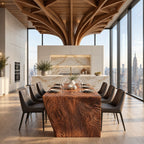 Waterfall Carved Dining Table, Solid Wood Top Flowing into Rippled Relief Slab Legs, 63 to 108 Inch