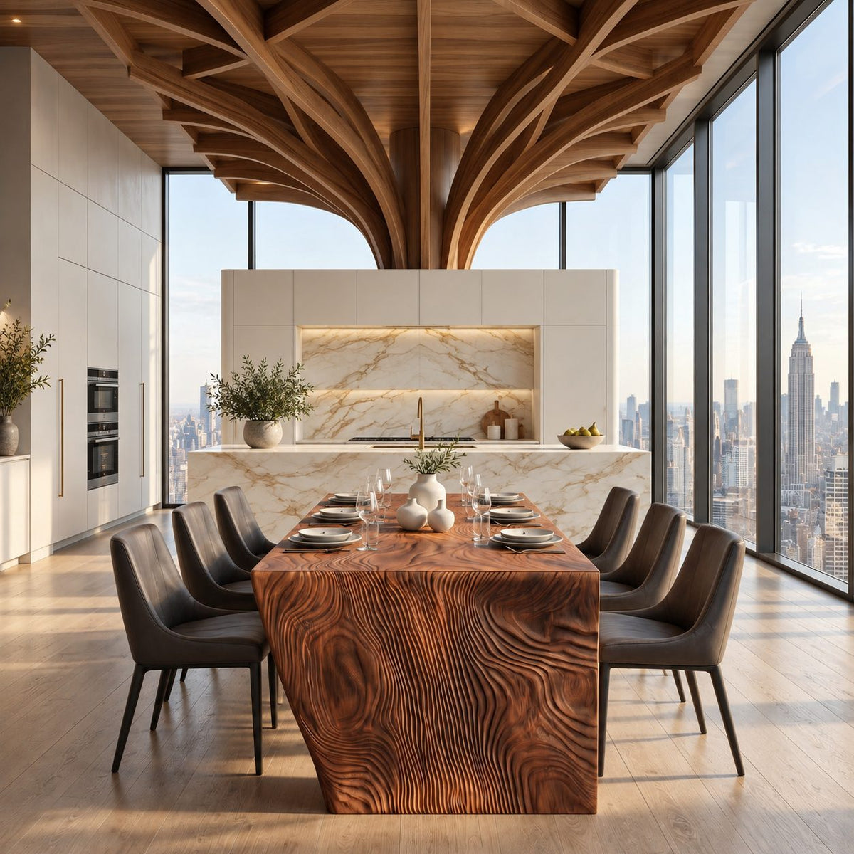 Waterfall Carved Dining Table, Solid Wood Top Flowing into Rippled Relief Slab Legs, 63 to 108 Inch