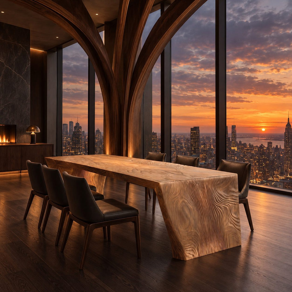 Waterfall Carved Dining Table, Solid Wood Top Flowing into Rippled Relief Slab Legs, 63 to 108 Inch