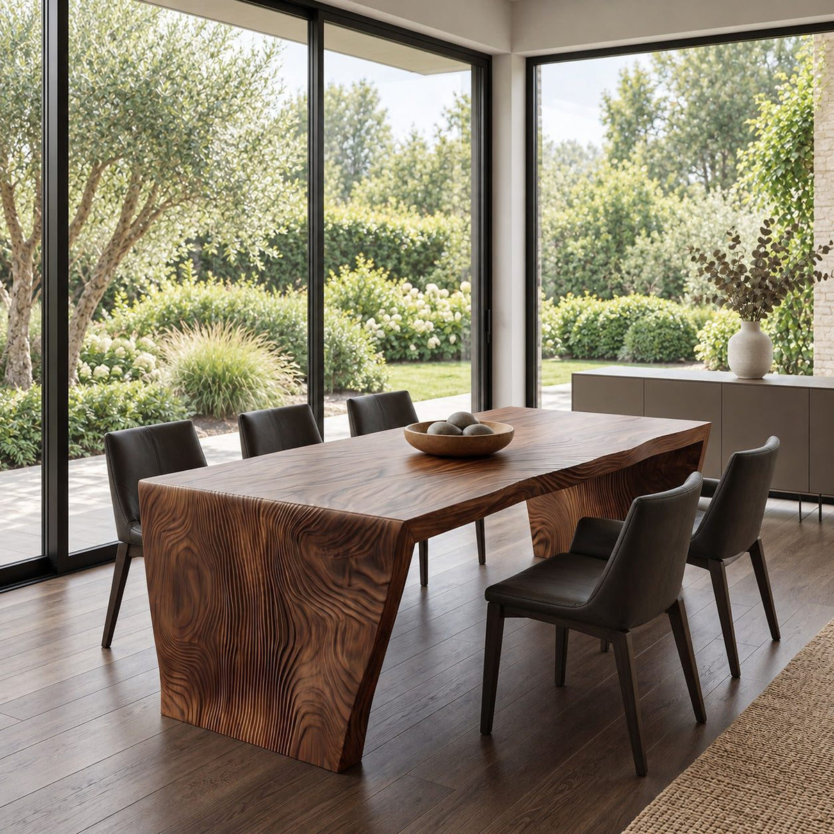 Waterfall Carved Dining Table, Solid Wood Top Flowing into Rippled Relief Slab Legs, 63 to 108 Inch