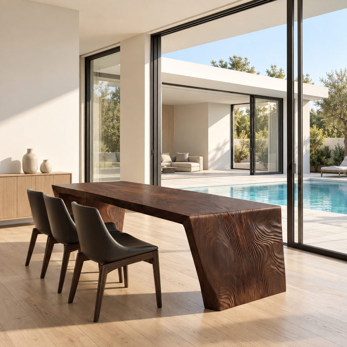 Waterfall Carved Dining Table, Solid Wood Top Flowing into Rippled Relief Slab Legs, 63 to 108 Inch