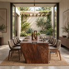 Waterfall Carved Dining Table, Solid Wood Top Flowing into Rippled Relief Slab Legs, 63 to 108 Inch