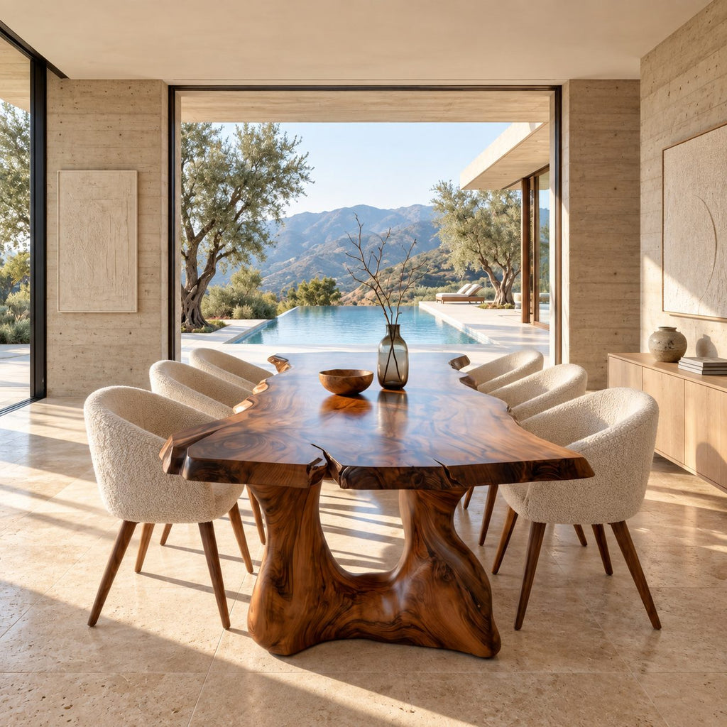 Freeform Live Edge Dining Table, Organic Solid Wood Slab on Two Sculpted Trunk Pedestals, 63 to 108 Inch