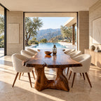 Freeform Live Edge Dining Table, Organic Solid Wood Slab on Two Sculpted Trunk Pedestals, 63 to 108 Inch