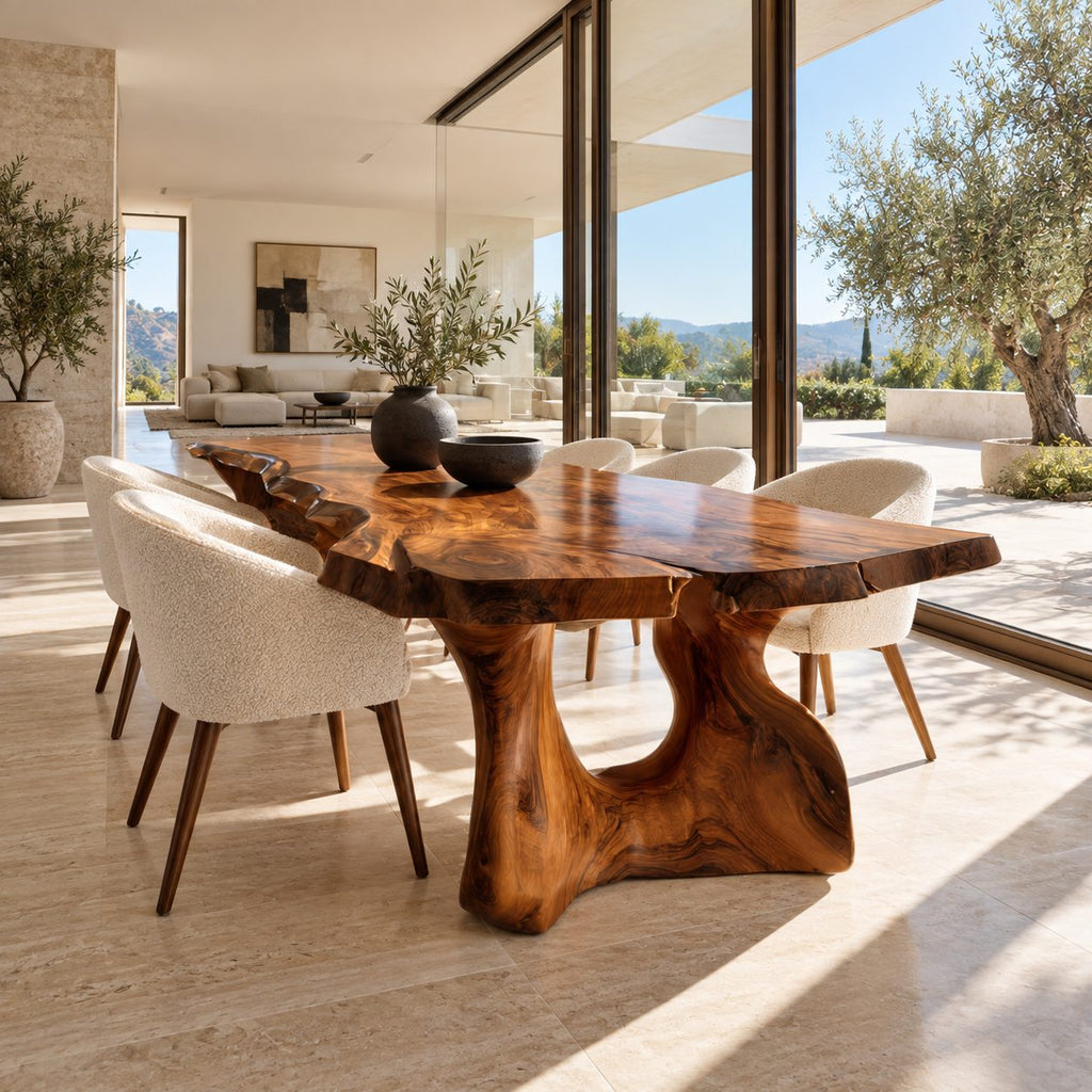 Freeform Live Edge Dining Table, Organic Solid Wood Slab on Two Sculpted Trunk Pedestals, 63 to 108 Inch