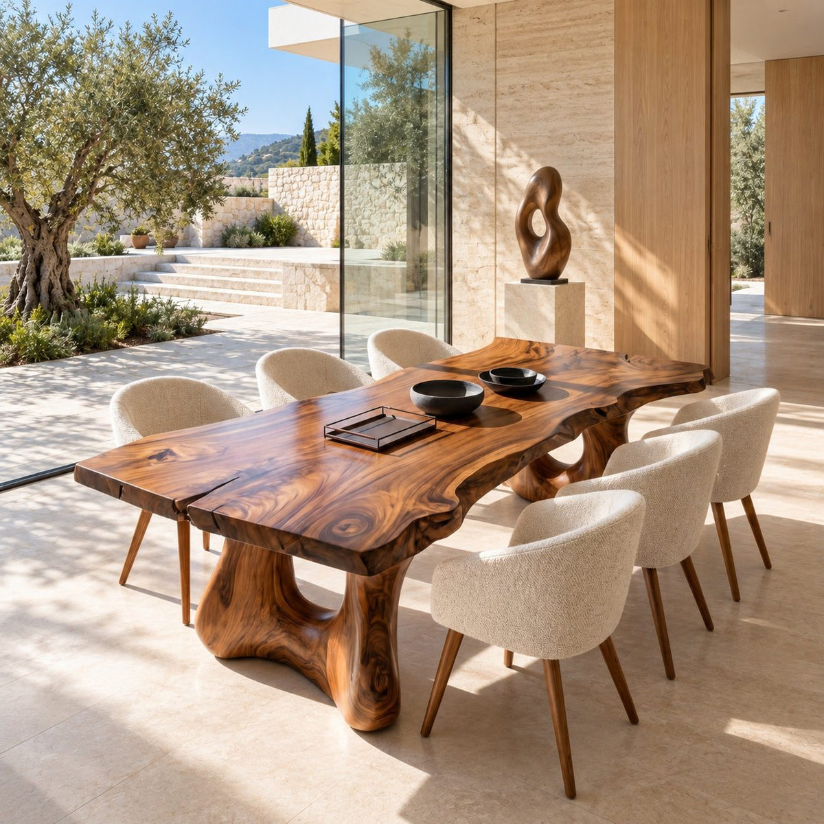 Freeform Live Edge Dining Table, Organic Solid Wood Slab on Two Sculpted Trunk Pedestals, 63 to 108 Inch