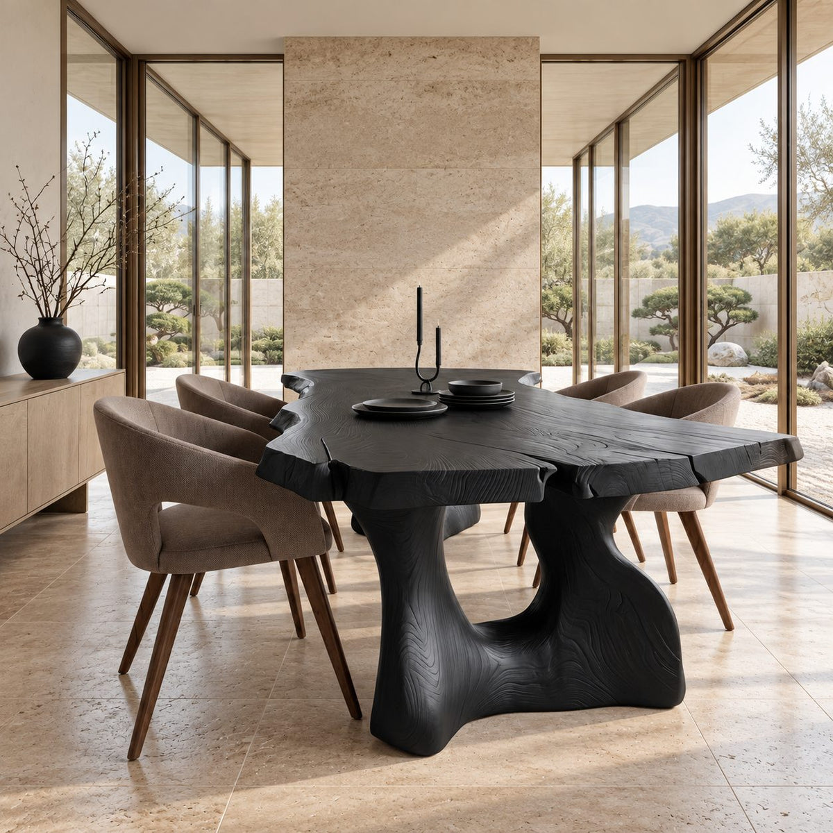 Freeform Live Edge Dining Table, Organic Solid Wood Slab on Two Sculpted Trunk Pedestals, 63 to 108 Inch