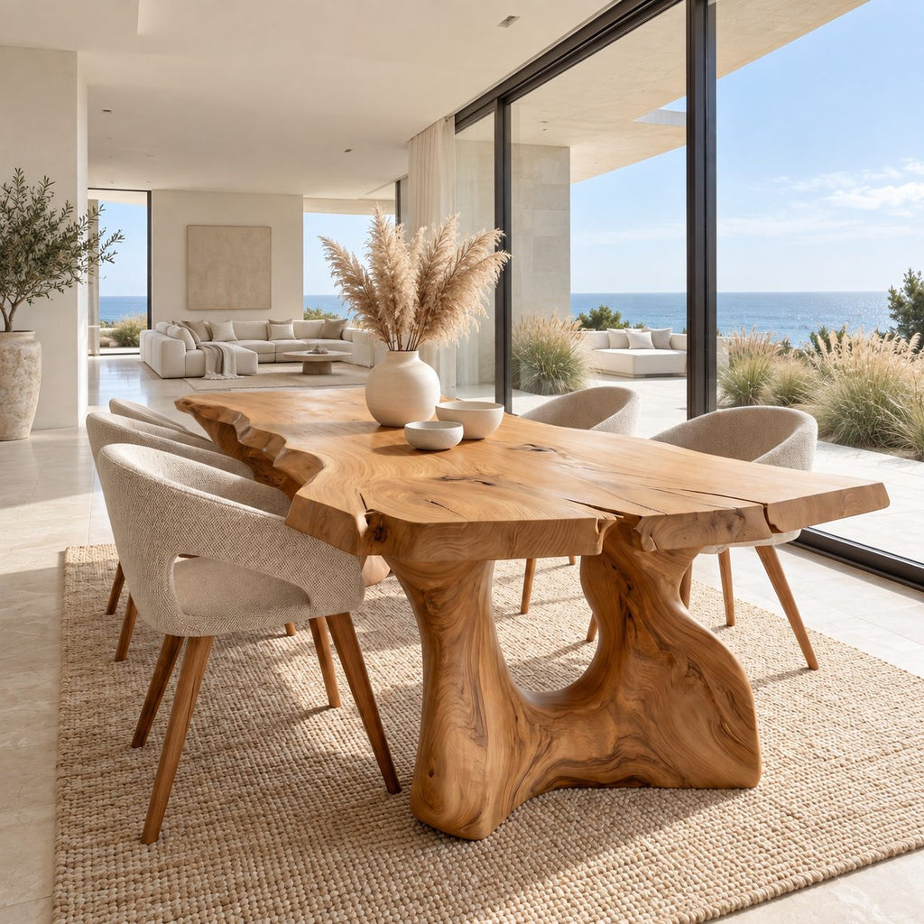 Freeform Live Edge Dining Table, Organic Solid Wood Slab on Two Sculpted Trunk Pedestals, 63 to 108 Inch