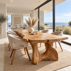 Freeform Live Edge Dining Table, Organic Solid Wood Slab on Two Sculpted Trunk Pedestals, 63 to 108 Inch