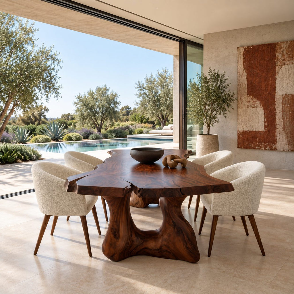 Freeform Live Edge Dining Table, Organic Solid Wood Slab on Two Sculpted Trunk Pedestals, 63 to 108 Inch