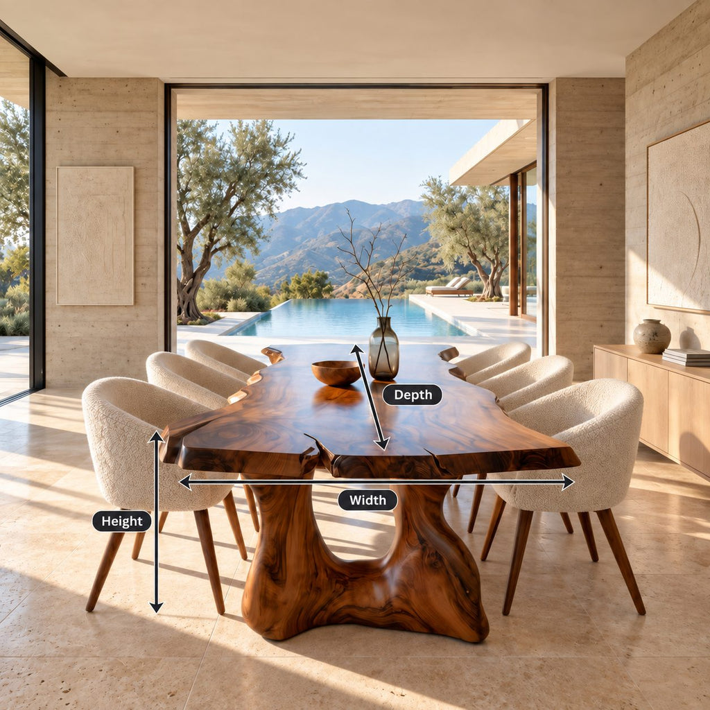 Freeform Live Edge Dining Table, Organic Solid Wood Slab on Two Sculpted Trunk Pedestals, 63 to 108 Inch