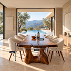 Freeform Live Edge Dining Table, Organic Solid Wood Slab on Two Sculpted Trunk Pedestals, 63 to 108 Inch