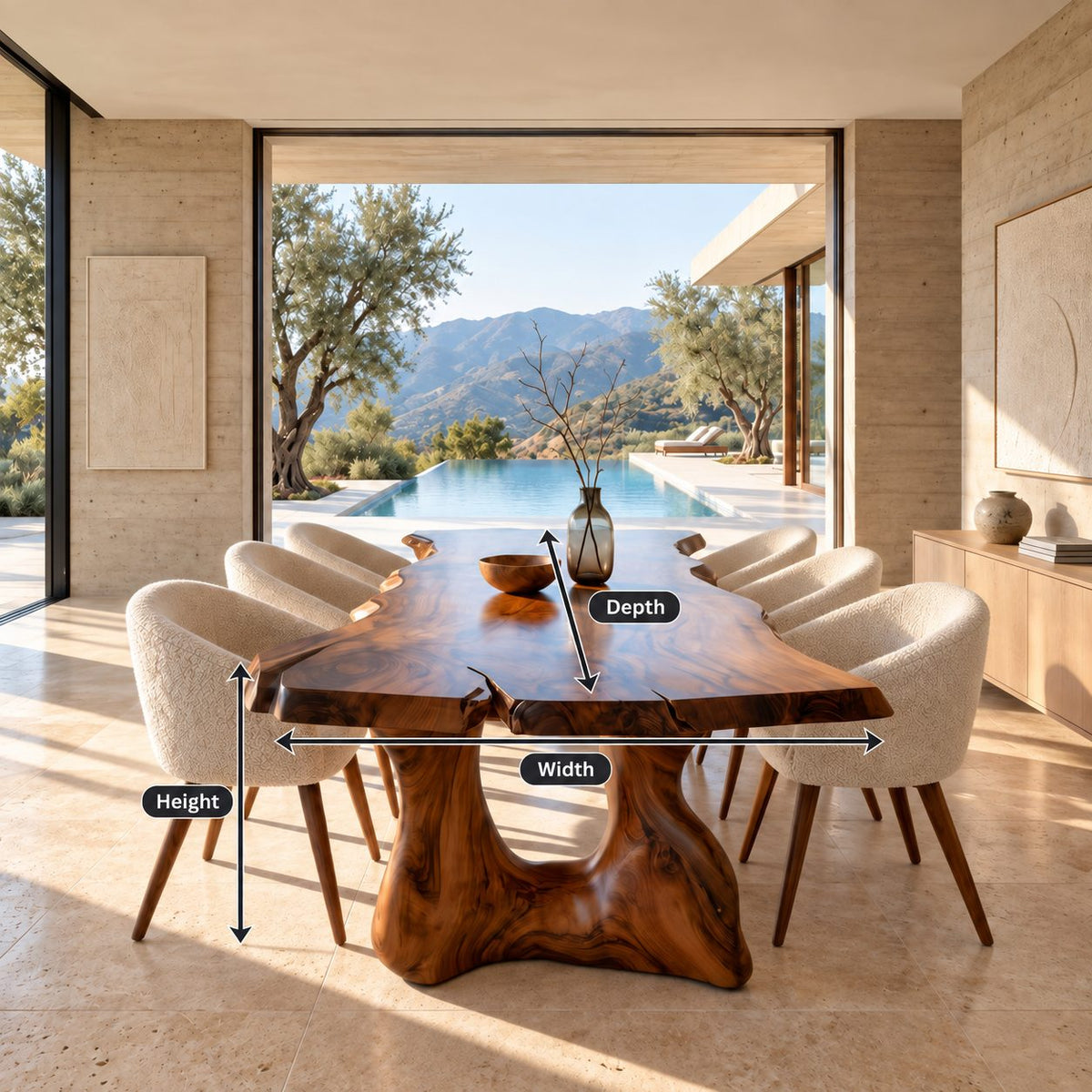 Freeform Live Edge Dining Table, Organic Solid Wood Slab on Two Sculpted Trunk Pedestals, 63 to 108 Inch