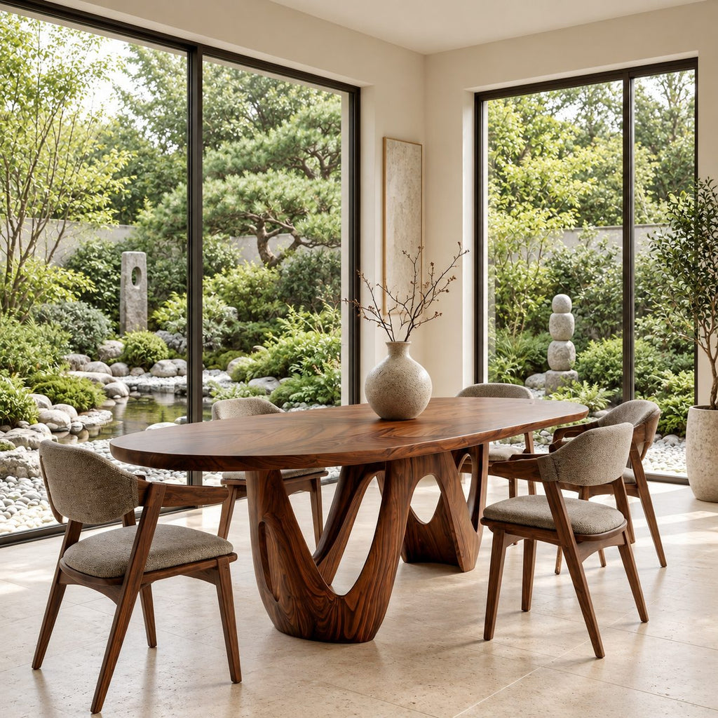 W Shape Base Oval Dining Table, Solid Wood Racetrack Top on a Carved Wave Pedestal, 63 to 108 Inch