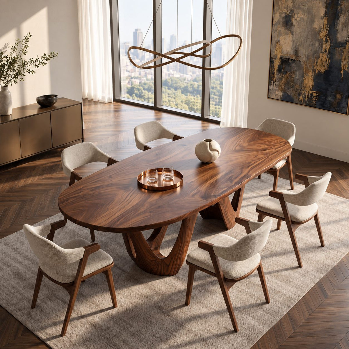 W Shape Base Oval Dining Table, Solid Wood Racetrack Top on a Carved Wave Pedestal, 63 to 108 Inch