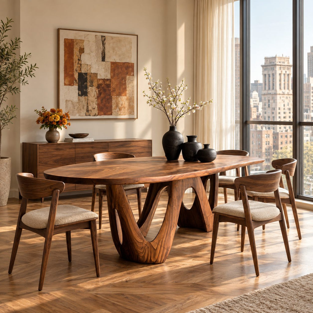 W Shape Base Oval Dining Table, Solid Wood Racetrack Top on a Carved Wave Pedestal, 63 to 108 Inch