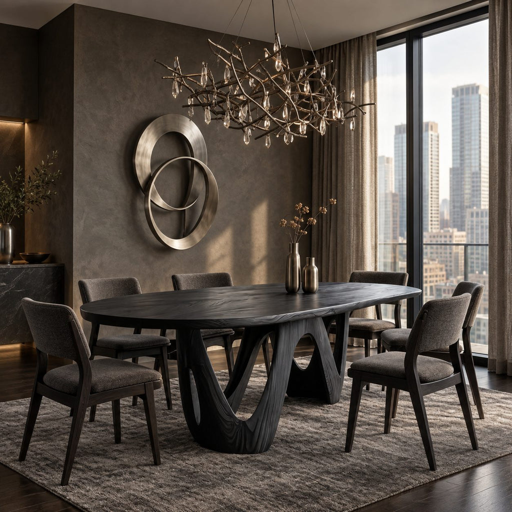W Shape Base Oval Dining Table, Solid Wood Racetrack Top on a Carved Wave Pedestal, 63 to 108 Inch