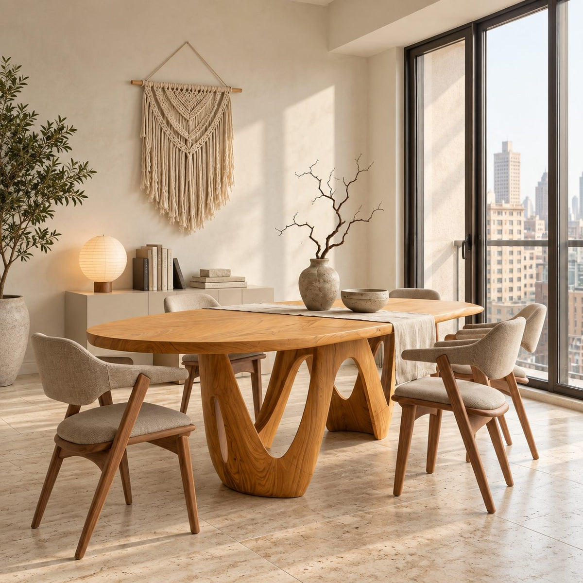 W Shape Base Oval Dining Table, Solid Wood Racetrack Top on a Carved Wave Pedestal, 63 to 108 Inch
