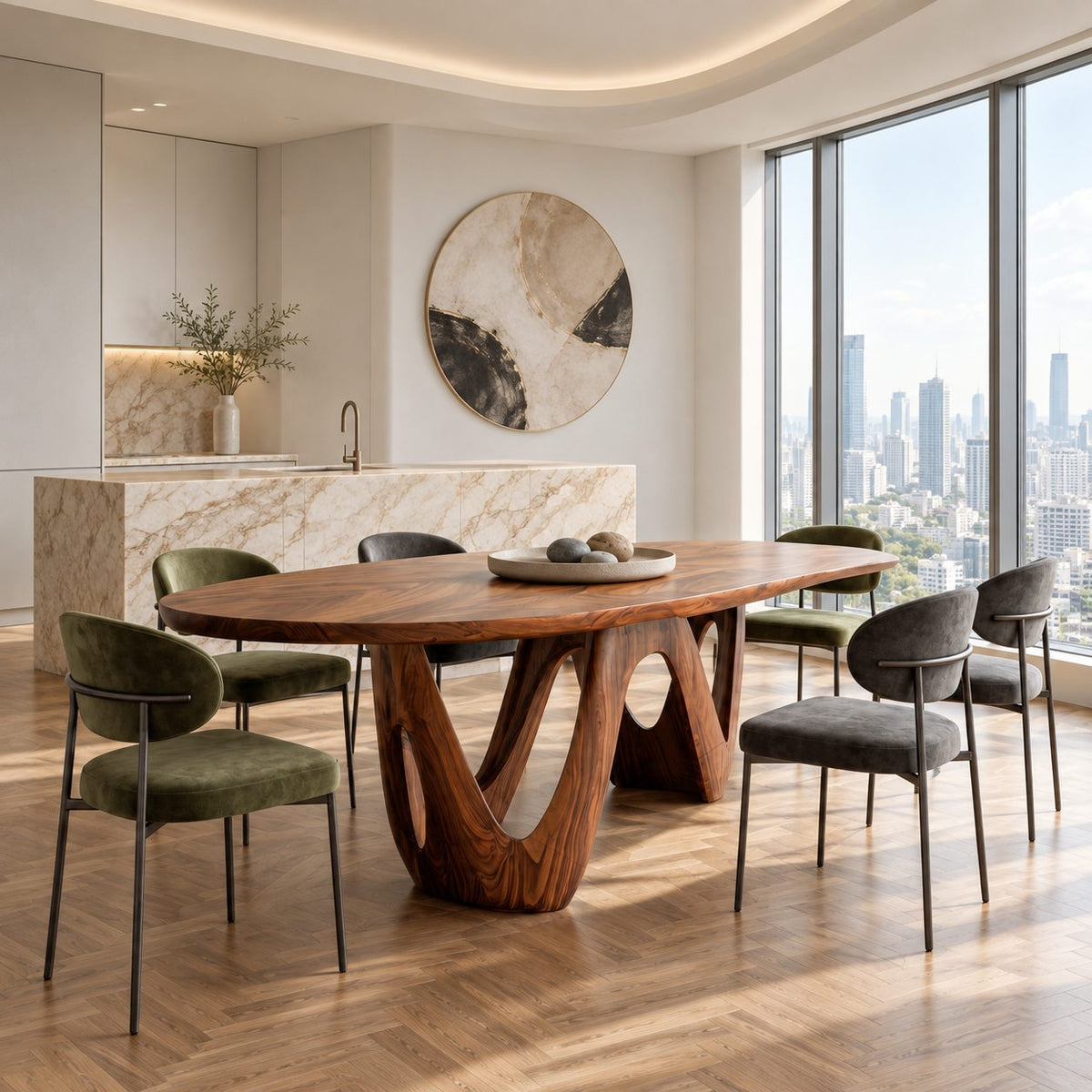 W Shape Base Oval Dining Table, Solid Wood Racetrack Top on a Carved Wave Pedestal, 63 to 108 Inch