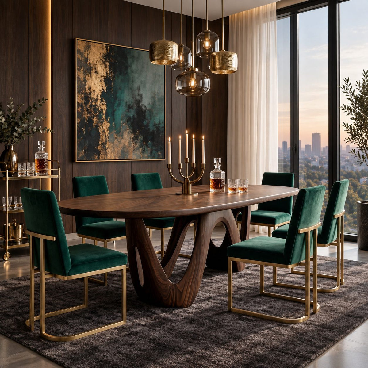 W Shape Base Oval Dining Table, Solid Wood Racetrack Top on a Carved Wave Pedestal, 63 to 108 Inch