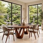 W Shape Base Oval Dining Table, Solid Wood Racetrack Top on a Carved Wave Pedestal, 63 to 108 Inch