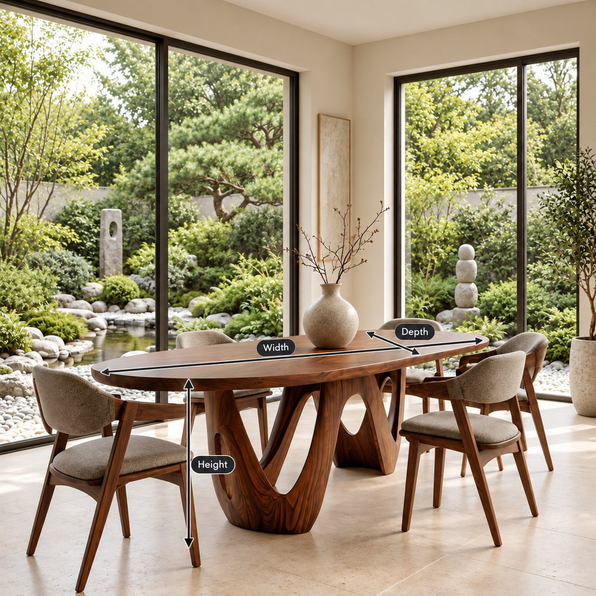 W Shape Base Oval Dining Table, Solid Wood Racetrack Top on a Carved Wave Pedestal, 63 to 108 Inch