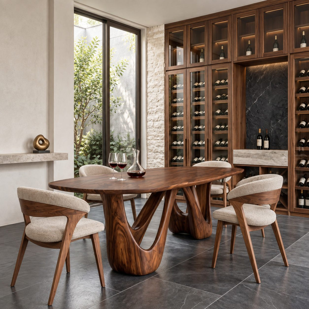 Teardrop Loop Oval Dining Table, Solid Wood Top on a Twin Splayed Loop Pedestal, 63 to 108 Inch