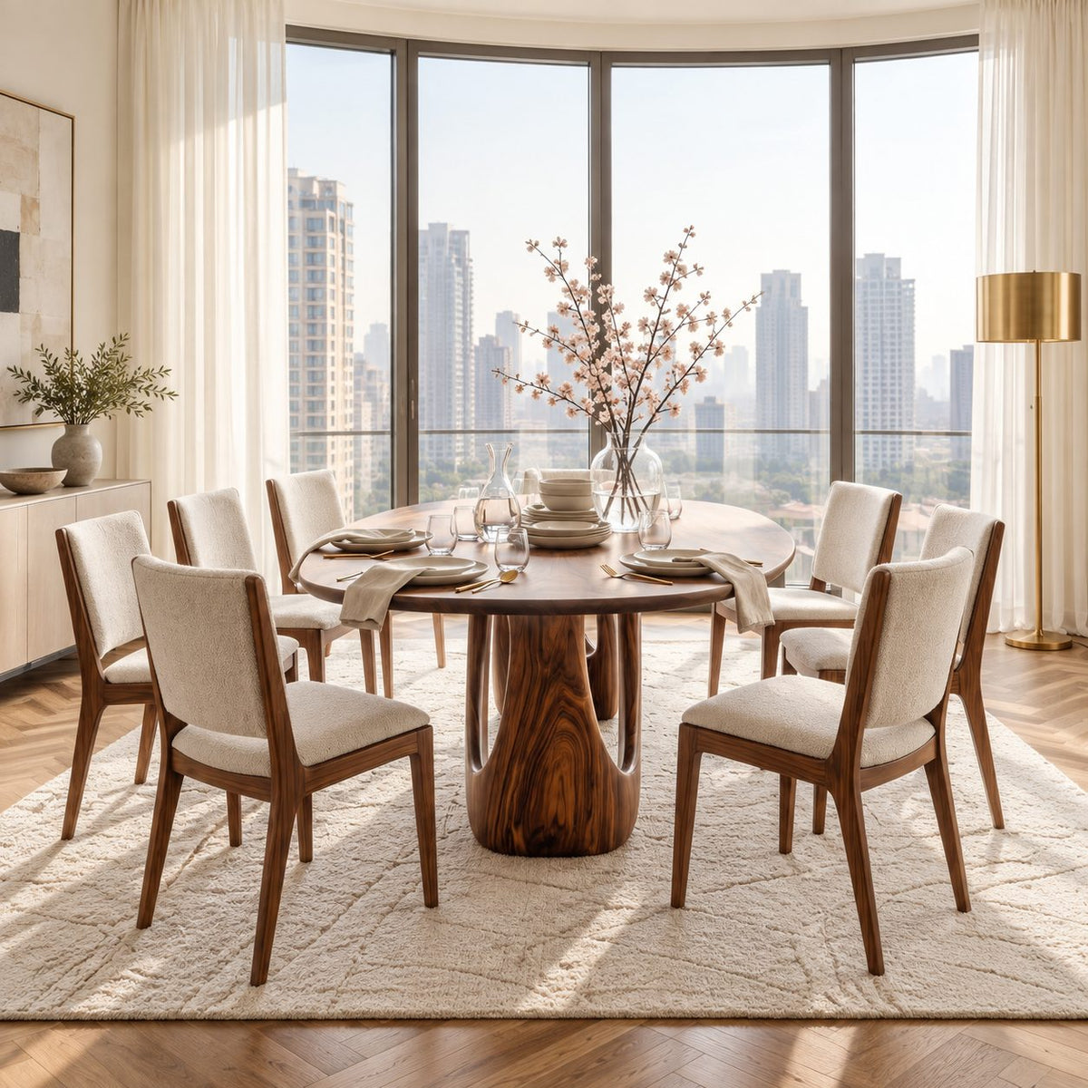 Teardrop Loop Oval Dining Table, Solid Wood Top on a Twin Splayed Loop Pedestal, 63 to 108 Inch