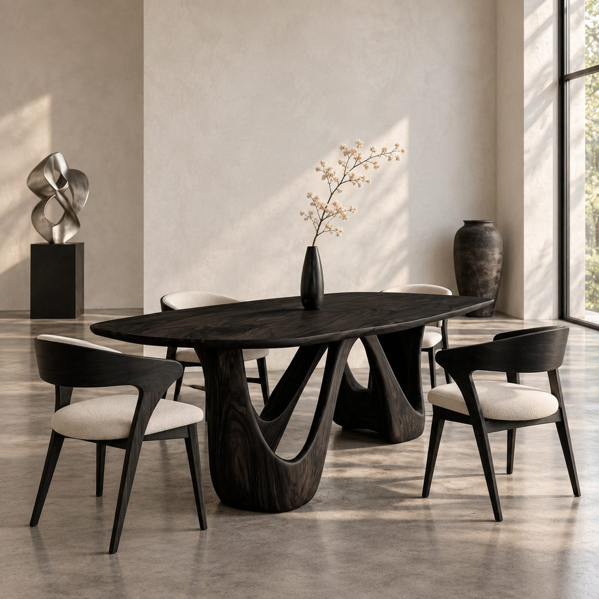Teardrop Loop Oval Dining Table, Solid Wood Top on a Twin Splayed Loop Pedestal, 63 to 108 Inch