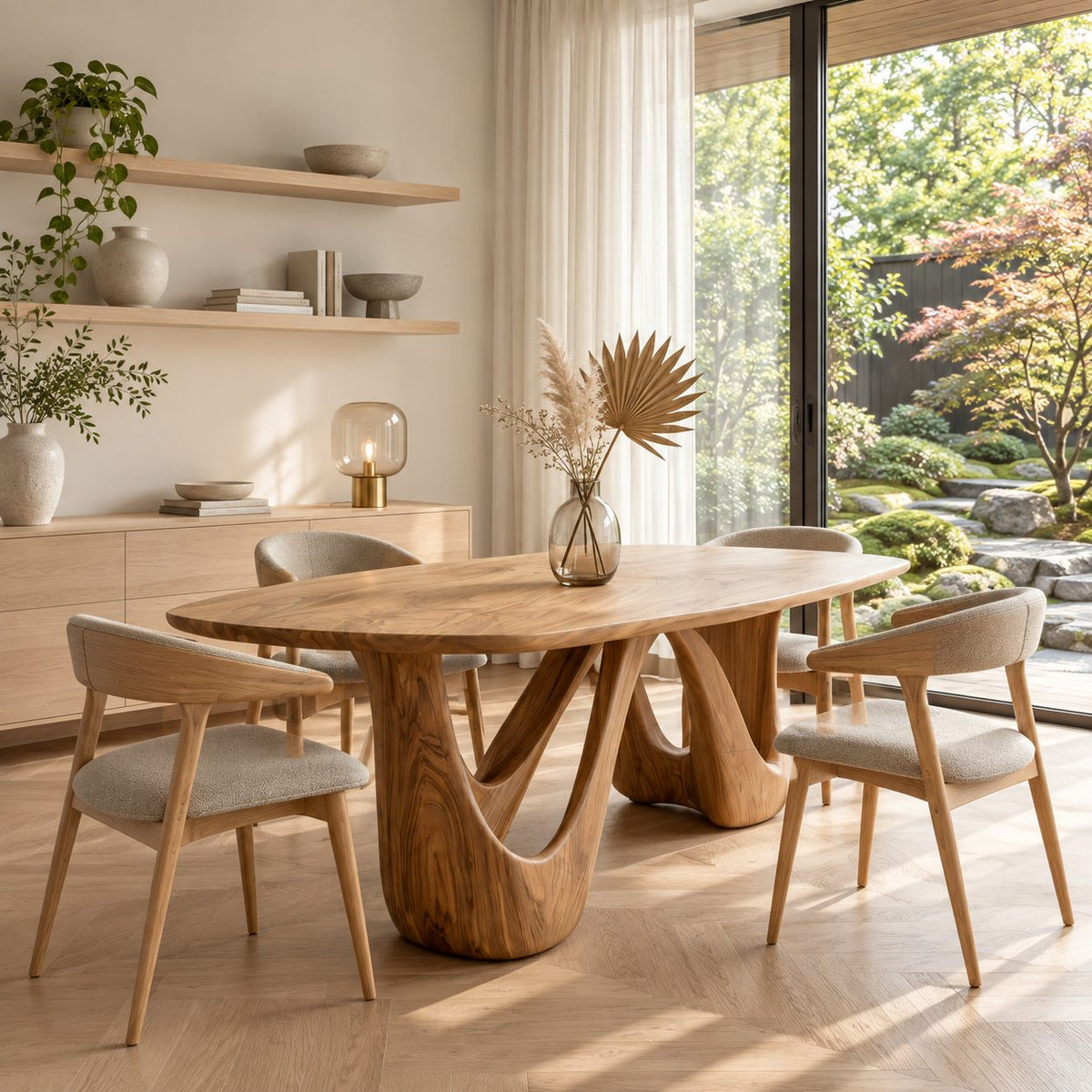 Teardrop Loop Oval Dining Table, Solid Wood Top on a Twin Splayed Loop Pedestal, 63 to 108 Inch
