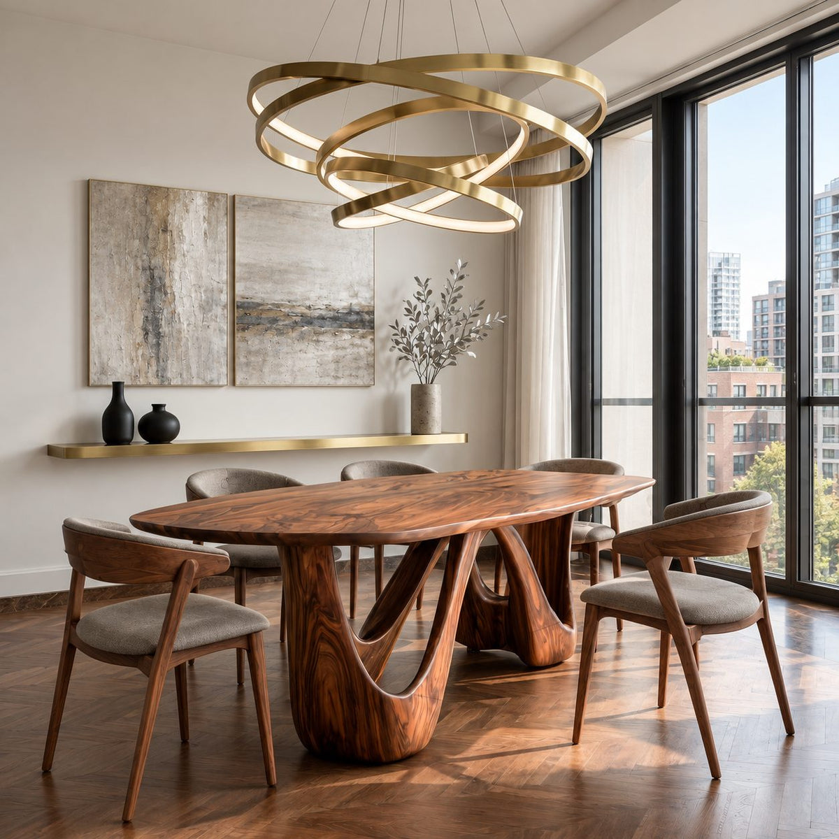 Teardrop Loop Oval Dining Table, Solid Wood Top on a Twin Splayed Loop Pedestal, 63 to 108 Inch