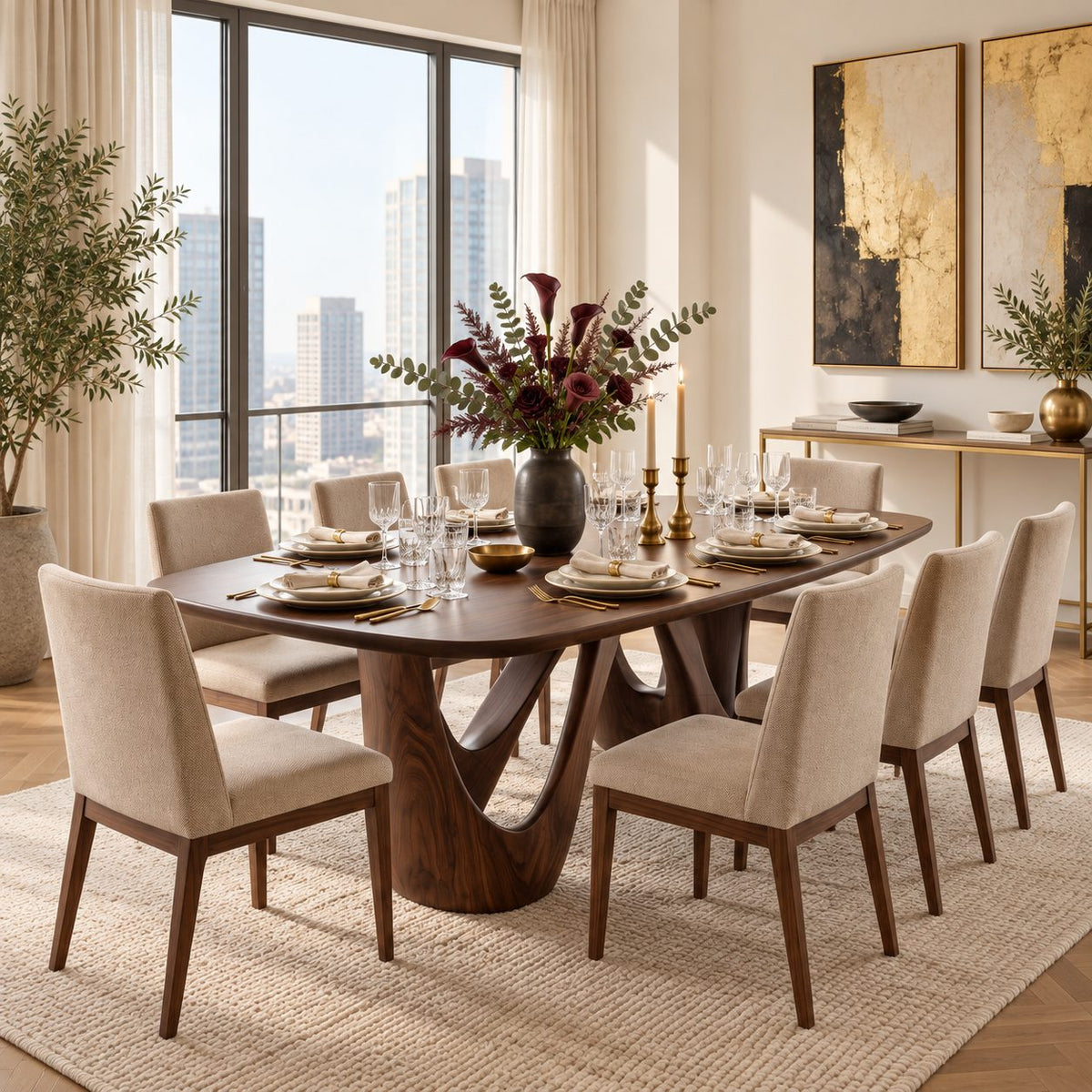 Teardrop Loop Oval Dining Table, Solid Wood Top on a Twin Splayed Loop Pedestal, 63 to 108 Inch