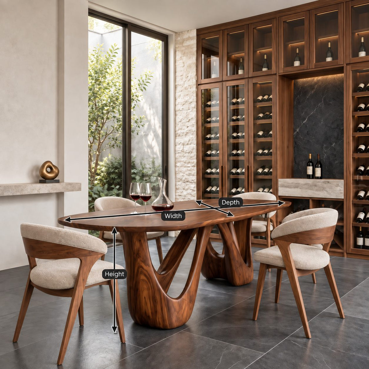 Teardrop Loop Oval Dining Table, Solid Wood Top on a Twin Splayed Loop Pedestal, 63 to 108 Inch