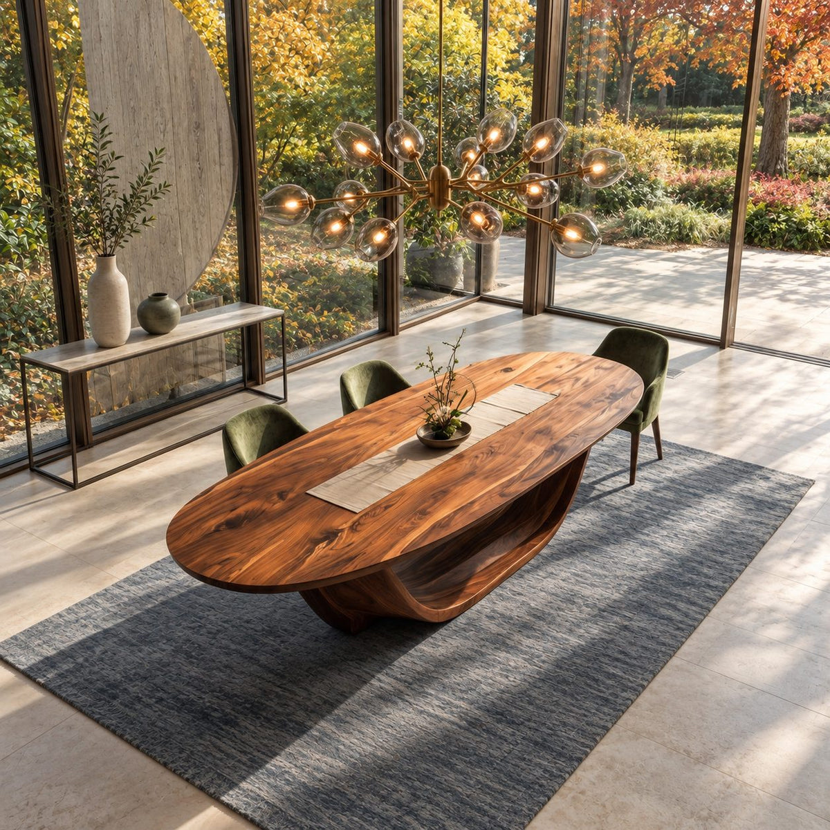 Cradle Base Oval Dining Table, Solid Wood Top on an Open Sweeping Sculptural Base, Seats 6 to 12