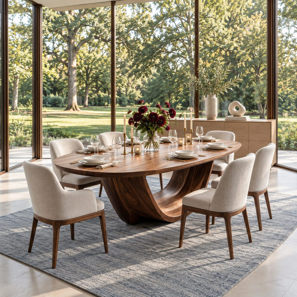Cradle Base Oval Dining Table, Solid Wood Top on an Open Sweeping Sculptural Base, Seats 6 to 12